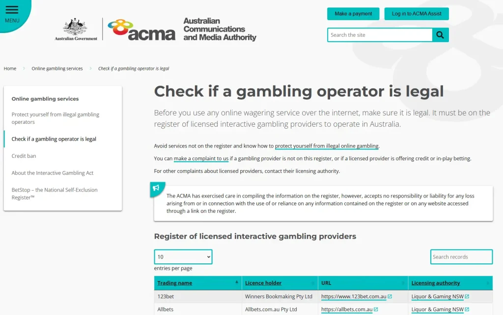 ACMA licensed interactive gambling provider register and DV77 Australian licence status