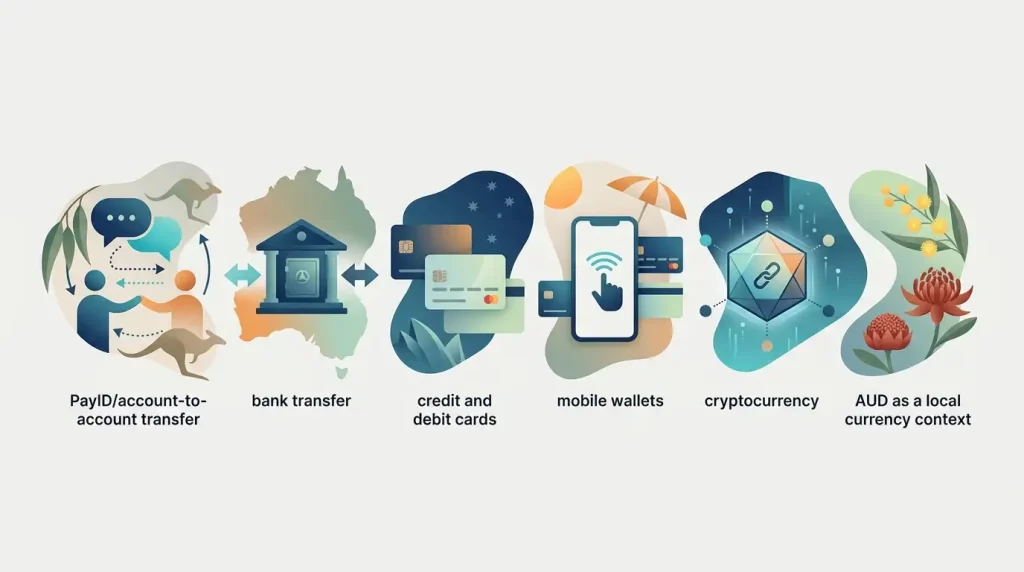 AUD payment categories including PayID, bank transfer, cards, mobile wallets and cryptocurrency