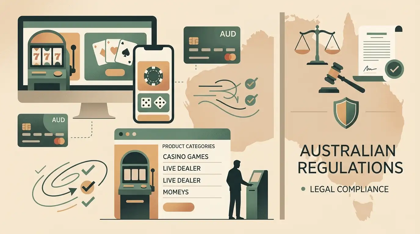 Australian payment cues, casino categories and regulatory context in a neutral illustration
