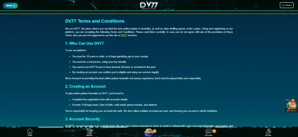 Current DV77 Terms showing account registration details and KYC requirements before withdrawals