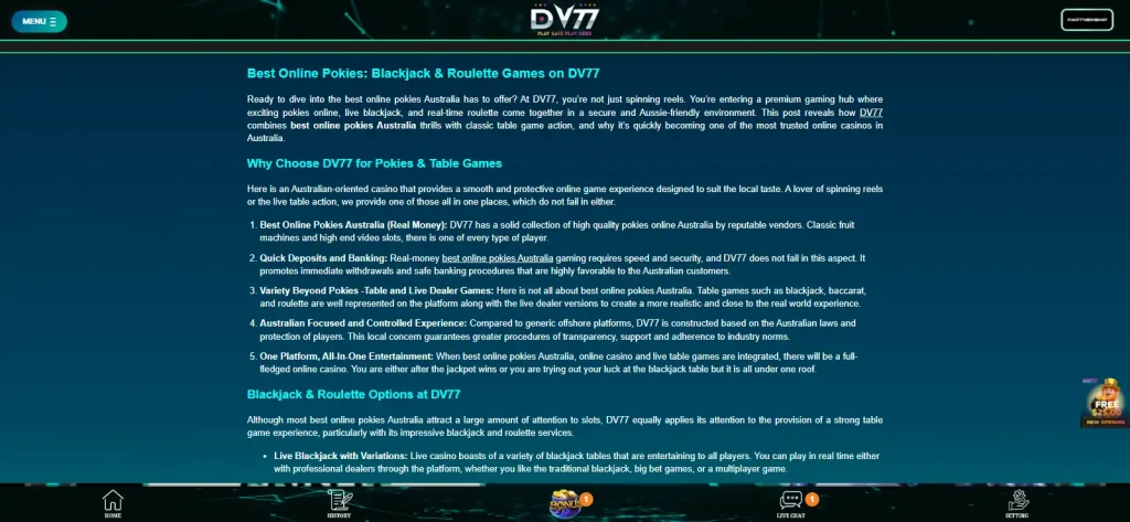 DV77 live casino categories including blackjack, roulette and baccarat
