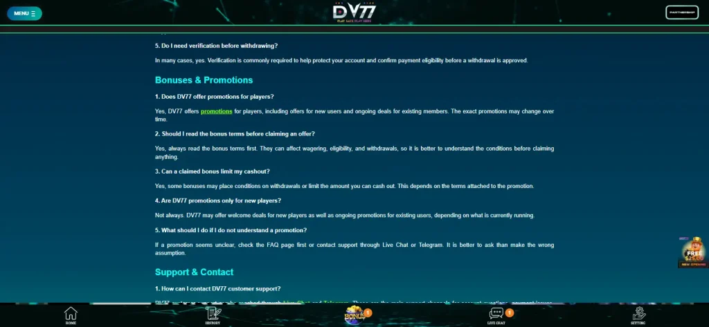 DV77 promotions and bonus terms shown as a neutral offer-terms illustration