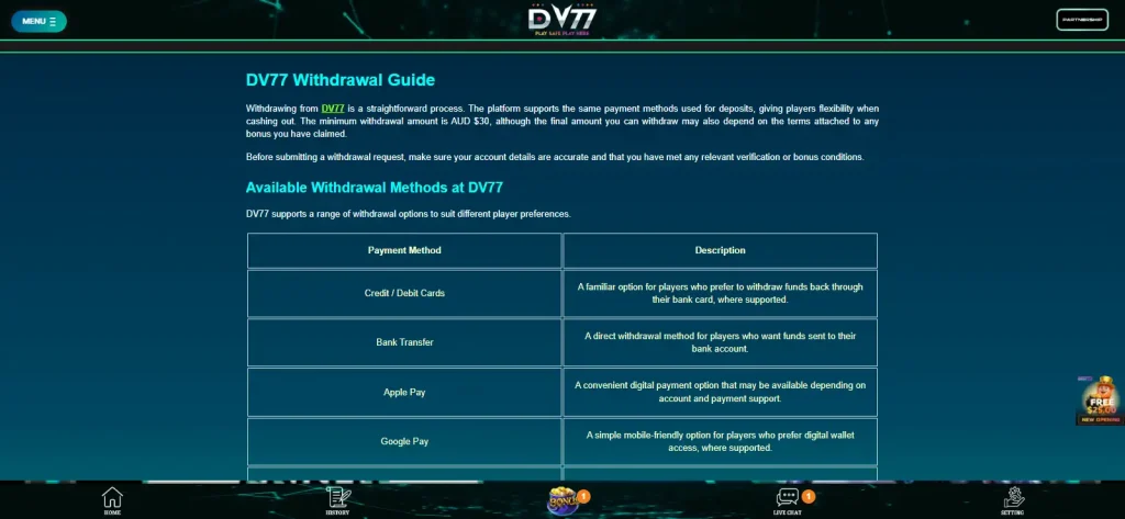 DV77 withdrawal information showing the AUD 30 minimum and cashout account checks